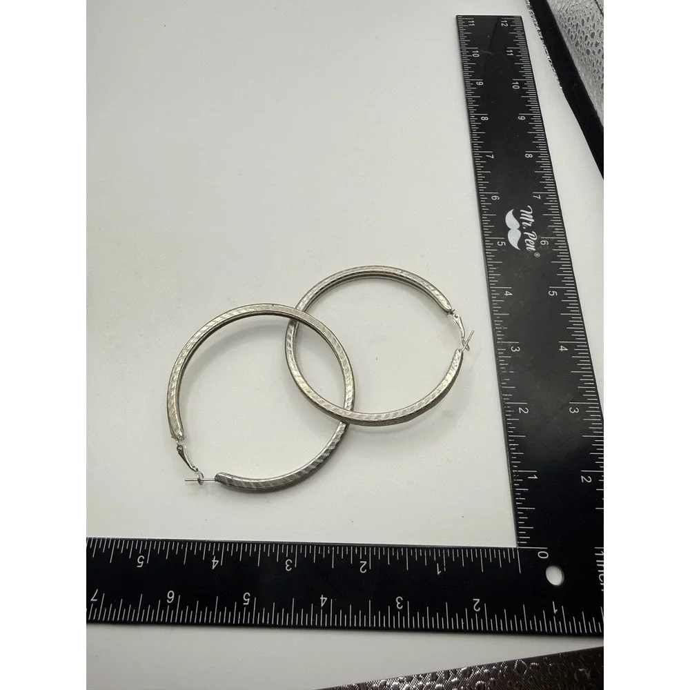 Silver Tone Glitter Textured Oversized Hoop Earrings 3 Inch‎ Large Fashion Hoops